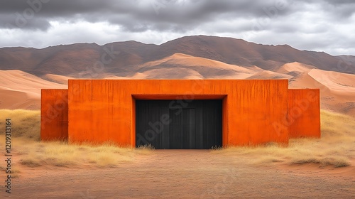 Orange Structure Amidst Desert Dunes and Mountains photo