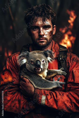 Brave firefighter rescuing koala on International firefighters' day. Dangerous and risky professions, rescue service. Firefighting mission. Vertical poster photo