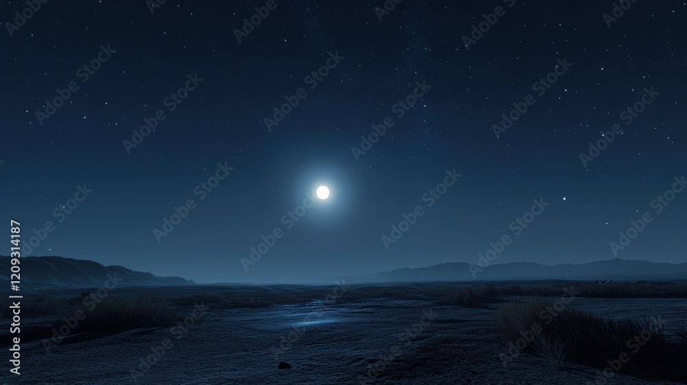Obraz premium A serene night landscape illuminated by a bright full moon over distant hills.