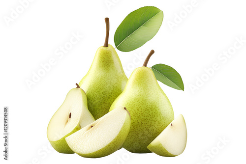 Whole ripe pear and sliced half with visible seeds and green leaf isolated on white transparent background, concept of fresh fruit and nutrition