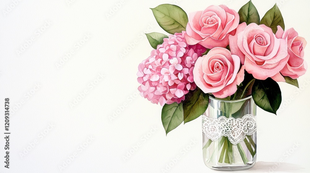 Obraz premium Delicate watercolor painting of pink roses and hydrangeas in a lace-adorned glass vase, creating a soft and romantic floral arrang