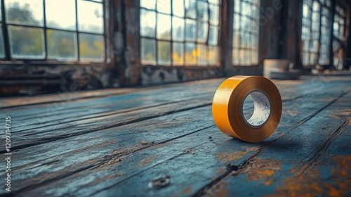 A Close-Up View of a Roll of Yellow Duct Tape on a Weathered Wooden Floor in an Abandoned Industrial Space with Large Windows Letting in Natural Light