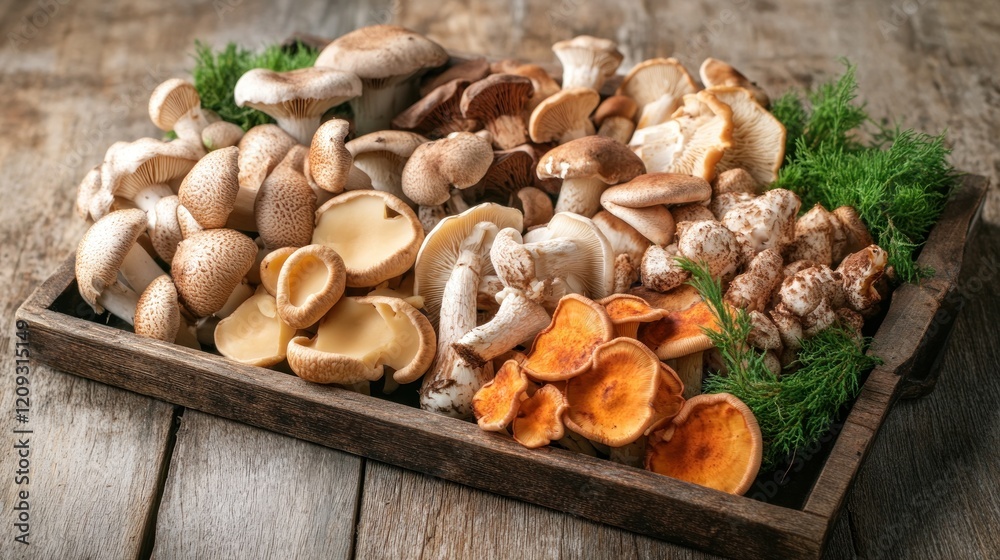 Assortment of Fresh Mushrooms in Wooden Tray Assortment of Fresh Mushrooms in Wooden Tray