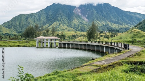 Mountain lake dam walkway scenic view.