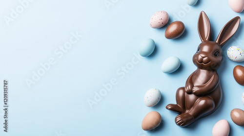 Chocolate Easter bunny and Easter eggs on light blue background. Banner with place for text photo