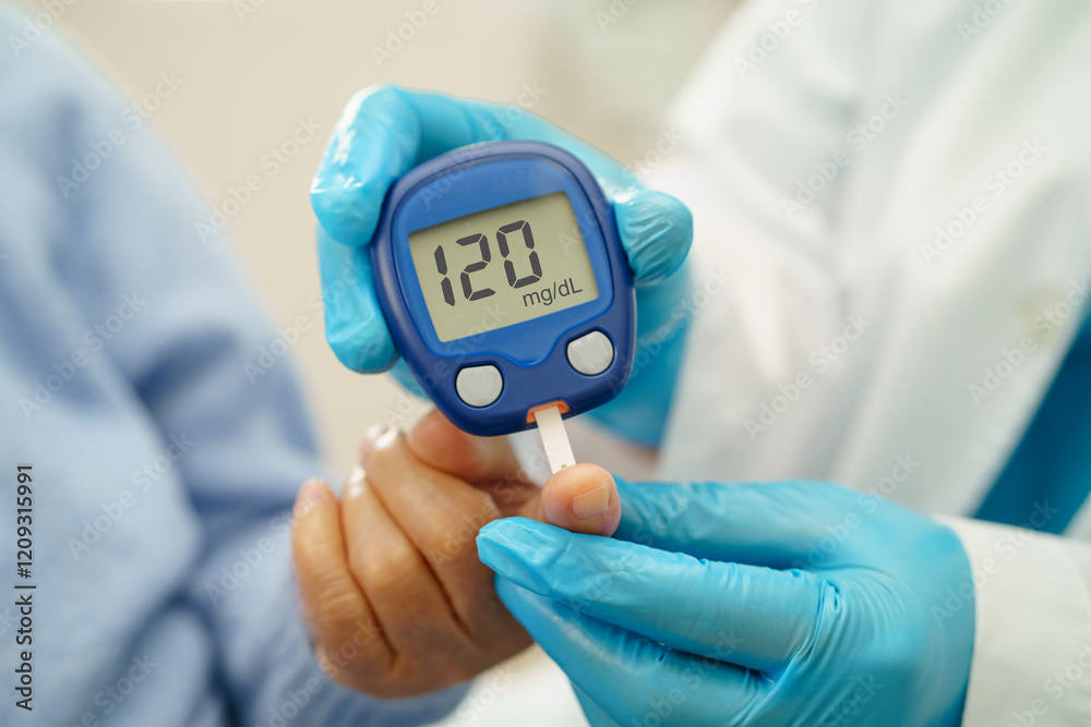 Asian doctor using digital glucose meter for check sample blood sugar level to treatment diabetes. Asian doctor using digital glucose meter for check sample blood sugar level to treatment diabetes.