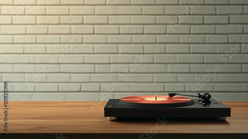 Groovy Vibes: Modern Turntable with Red Vinyl in Industrial Loft Setting, Ambient Neon Lights and Exposed Brick Walls, Photorealistic Music Scene