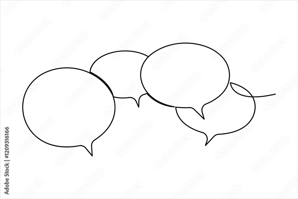 One continuous line drawing of speech bubble square shaped chat cloud and thought dialogue design