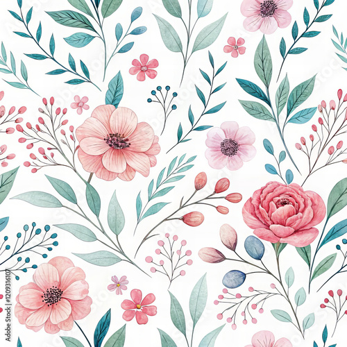 Beautiful floral pattern featuring pink and blue flowers with green leaves, perfect for romantic designs and backgrounds