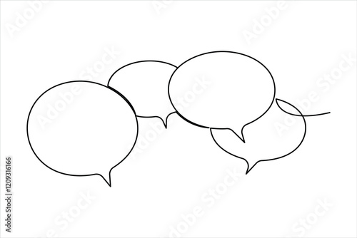 One continuous line drawing of speech bubble square shaped chat cloud and thought dialogue design