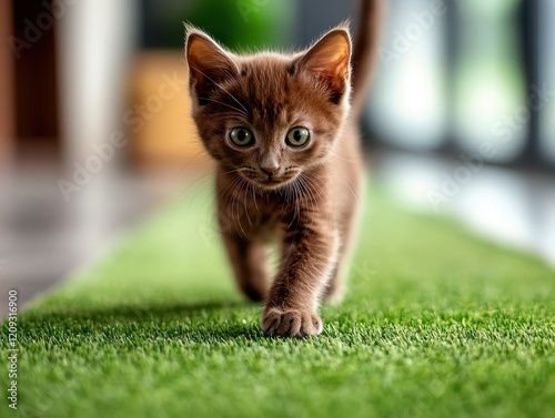 A cute brown kitten walks on a green carpet, showcasing its bright eyes and playful demeanor in a cozy indoor setting.