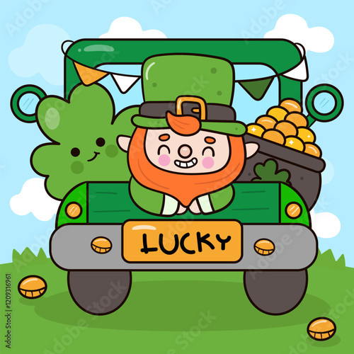 elf gnome st patricks day in truck with gold and clover kawaii cartoon lucky card irish character