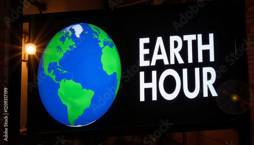 Earth Hour logo glowing in dark space, promoting sustainability photo