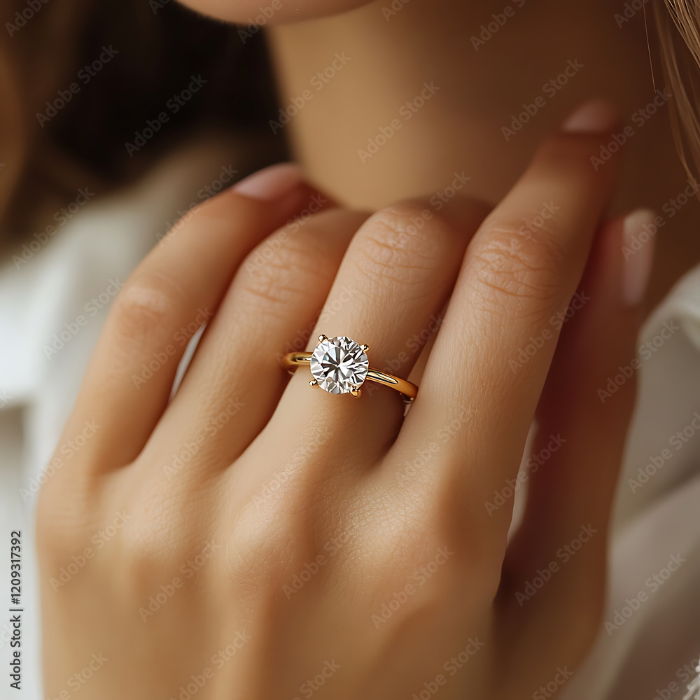 lady wearing solitaire ring with large diamond on her finger, showcasing elegance and style. gold band complements sparkling gem beautifully lady wearing solitaire ring with large diamond on her finger, showcasing elegance and style. gold band complements sparkling gem beautifully