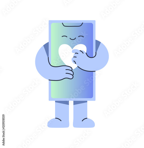 Happy smartphone mascot clicks on like in the Internet. Mobile phone presses with finger at heart sign. Cute telephone character with love symbol on screen. Flat isolated vector illustration on white