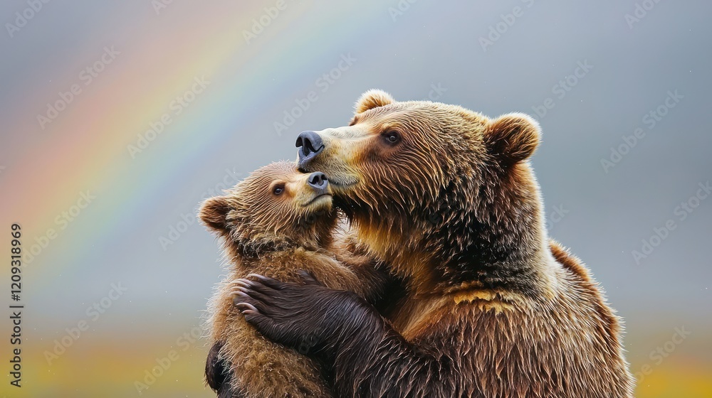 Obraz premium A heartwarming scene of a bear and cub embracing under a rainbow.