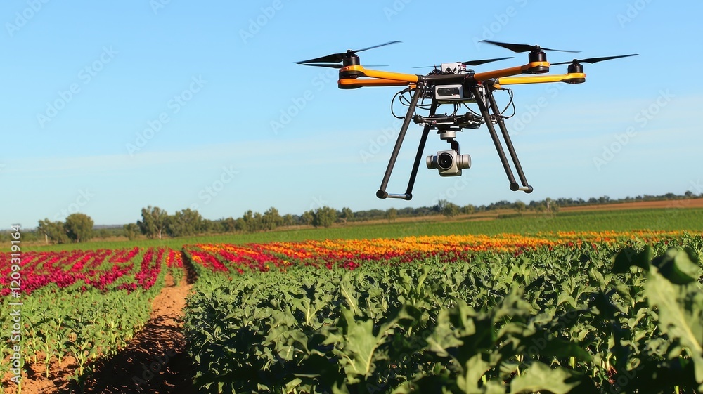 Sustainable environmental planet adaptation concept. Drone flying over colorful agricultural fields in bright sunlight. Sustainable environmental planet adaptation concept. Drone flying over colorful agricultural fields in bright sunlight.