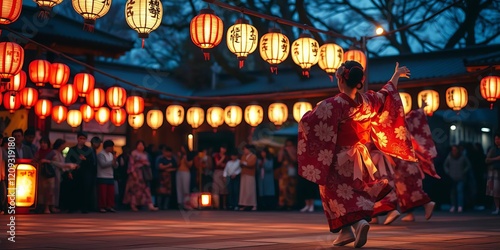 Vibrant obon dance performance with dancers in yukata under lantern light, graceful, traditional photo