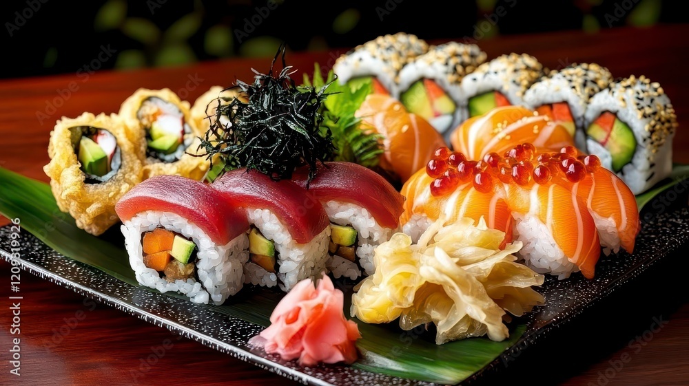 Sushi tempura garnish concept. A vibrant platter of assorted sushi rolls featuring fresh fish, vegetables, and garnishes, elegantly presented on a dark plate.