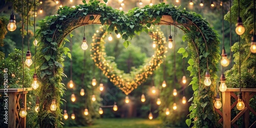 Romantic Evening Garden Archway with Edison Bulbs and Lush Greenery