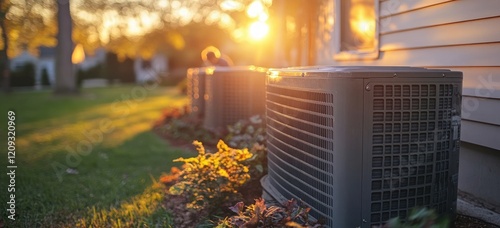 Technician Repairing Air Conditioning Unit During Sunset Warm Light Impressionist Style Outdoor