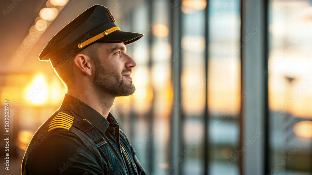 Pilot receiving instructions from control tower during sunset at airport terminal Pilot receiving instructions from control tower during sunset at airport terminal