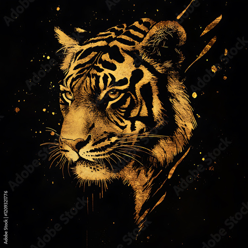 Golden tiger illustration on black background, showcasing intricate details and striking design. artwork captures majestic essence of tiger with bold, artistic flair photo