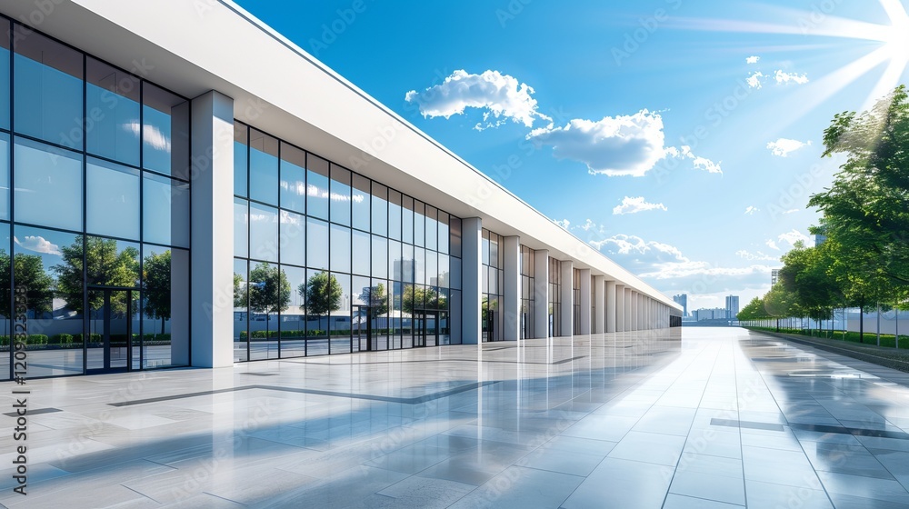Obraz premium Modern architectural building with large glass windows, showcasing a bright sky and reflections, evoking a sense of openness and tranquility.