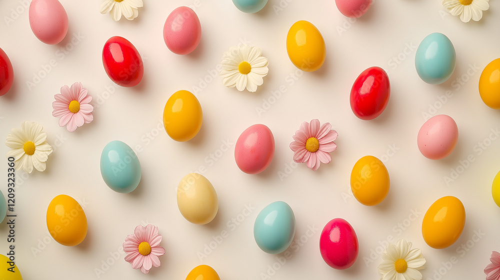 Obraz premium Colorful easter eggs and flowers creating a seamless festive pattern on white background