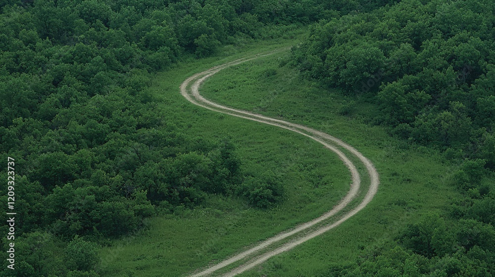 Winding country road through lush green forest. Travel, nature, scenic route, aerial view Winding country road through lush green forest. Travel, nature, scenic route, aerial view