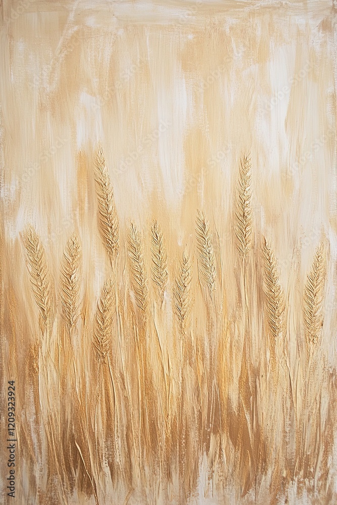 This artwork features abstract representations of wheat fields using textured brushstrokes in calming shades of beige, gold, and taupe, enhancing a rustic aesthetic This artwork features abstract representations of wheat fields using textured brushstrokes in calming shades of beige, gold, and taupe, enhancing a rustic aesthetic