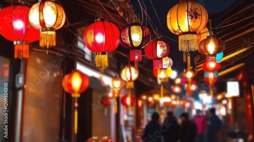 Lantern Festival Enjoyment: China Town Blurred Background, a Vivid Display of Flower Lanterns Aglow with Multicolored Lights