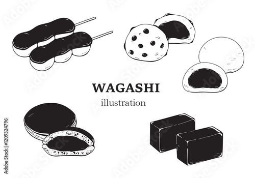 手描きの線画の和菓子のイラストセット