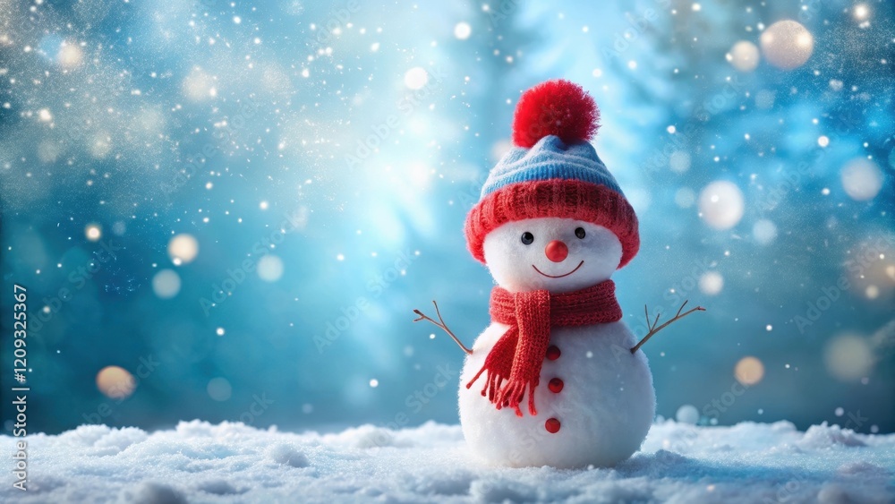 A Joyful Snowman in a Winter Wonderland, Adorned with a Cozy Knit Hat and Scarf, Amidst Falling Snow and Sparkling Lights A Joyful Snowman in a Winter Wonderland, Adorned with a Cozy Knit Hat and Scarf, Amidst Falling Snow and Sparkling Lights