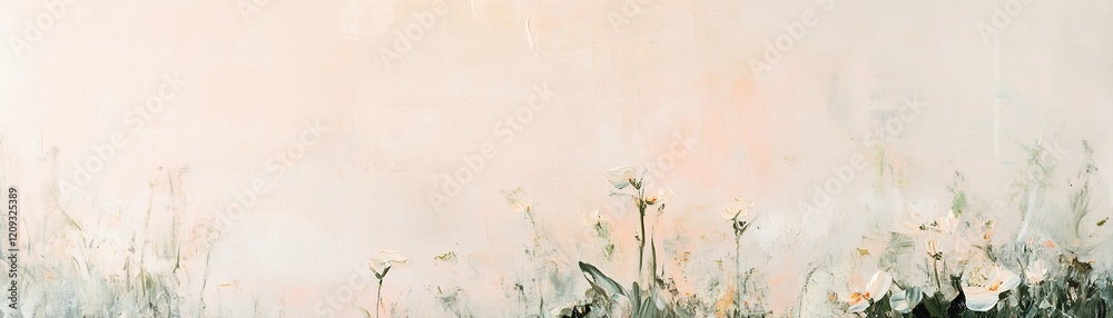 Bold textured brushstrokes create an artistic depiction of wildflowers in muted shades of cream, blush, and sage green, set against a light neutral background. Ample space allows for text overlay Bold textured brushstrokes create an artistic depiction of wildflowers in muted shades of cream, blush, and sage green, set against a light neutral background. Ample space allows for text overlay