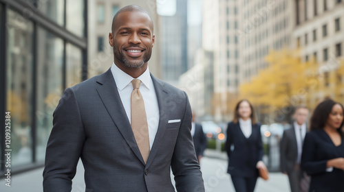 A confident businessman in a tailored suit walking through a bustling city street during the day photo