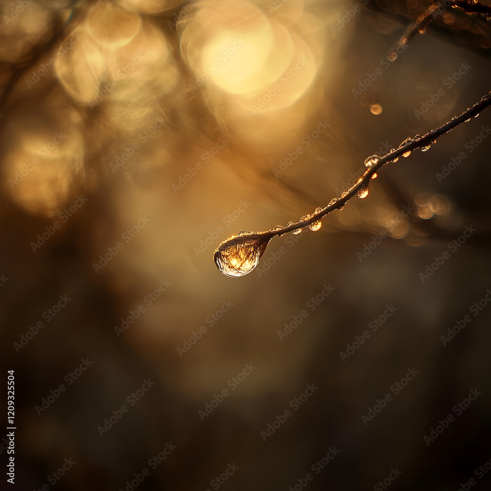 Golden Hour Dewdrop: A single dewdrop clings to a slender branch, illuminated by the warm, golden light of sunrise or sunset. The bokeh effect creates a dreamy, ethereal atmosphere. Golden Hour Dewdrop: A single dewdrop clings to a slender branch, illuminated by the warm, golden light of sunrise or sunset. The bokeh effect creates a dreamy, ethereal atmosphere.