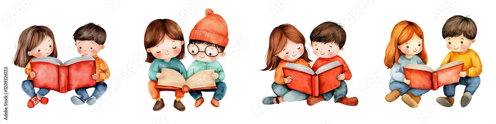 Siblings sharing book, enjoying reading together in cozy setting, isolated on transparent background.