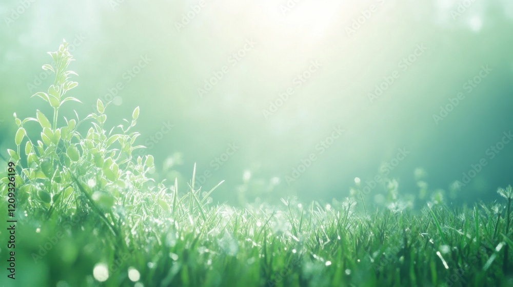 Fototapeta premium A serene view of dew-covered grass glistening in morning sunlight.