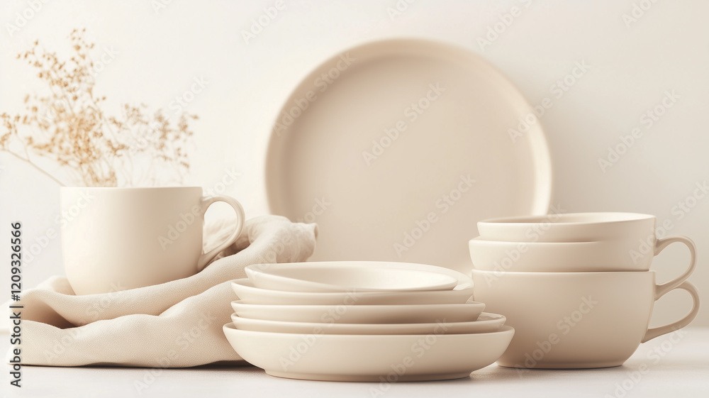Fototapeta premium Ceramic tableware collection. Simple and elegant stoneware dishes. Ideal for minimalist kitchens and lifestyle imagery.