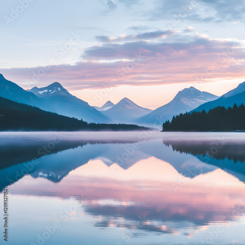 Serene Mountain Lake Reflection: Pastel sunrise paints the sky and mountain peaks, mirrored perfectly in a still, mist-shrouded lake, creating a breathtaking scene of tranquility.