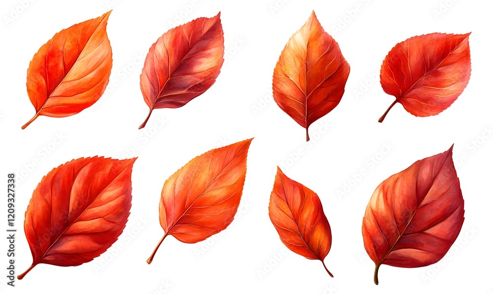 Obraz premium Eight Vibrant Red Autumn Leaves Isolated On White