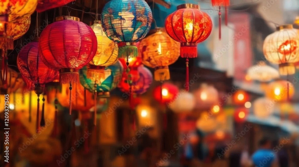 Naklejka premium Chinese New Year Festivity: A Blurred China Town Backdrop with a Vibrant Snake Year Spring Festival bathed in a Spectrum of Colors.