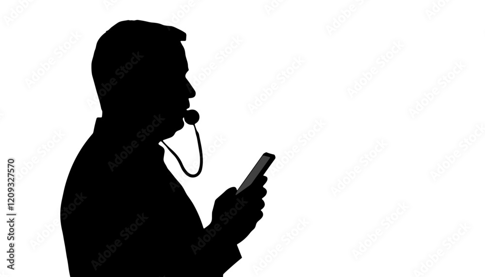 Silhouette of a man checking phone with earpiece against white background Silhouette of a man checking phone with earpiece against white background