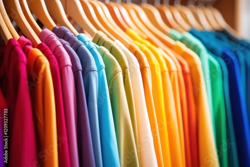 Fashion clothes on clothing rack - bright colorful closet wardrobe fashion hanger