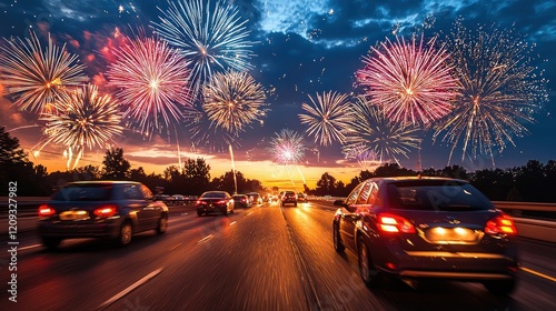 Cars driving on a highway at sunset with fireworks in the sky.