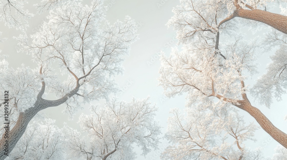 A serene view of snow-covered trees, creating a peaceful winter atmosphere. A serene view of snow-covered trees, creating a peaceful winter atmosphere.