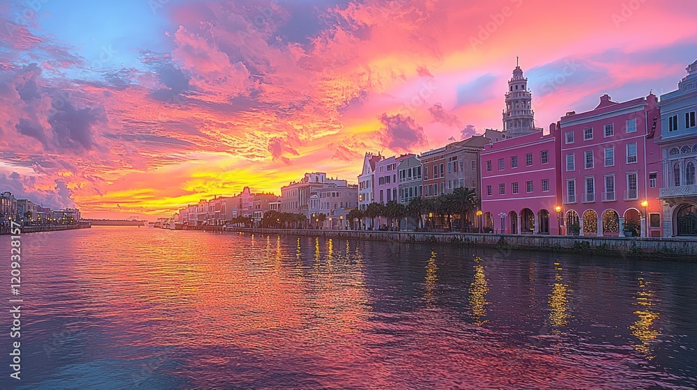 Obraz premium A vibrant sunset over a waterfront with colorful buildings reflecting in the water.