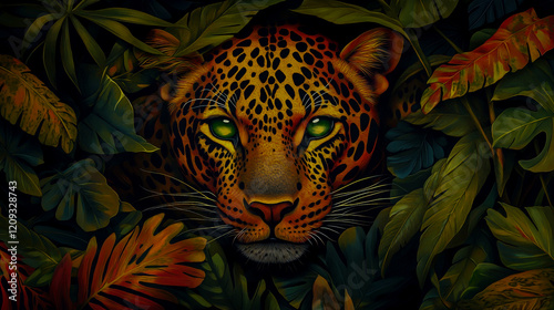 A colorful leopard in the jungle, with vibrant leaves and plants surrounding it. photo