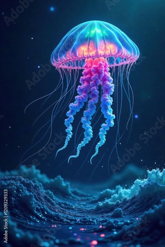 A bioluminescent jellyfish gracefully floats above a shimmering ocean, its tentacles trailing in the deep, dark water, creating a mesmerizing underwater scene